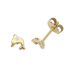 9ct Gold Cz Set Dolphin Studs 
