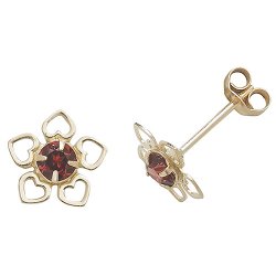 Garnet Flower Style Studs In 9ct Gold 