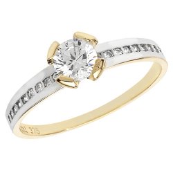 9ct Gold Solitaire Cz Channel Set Shoulders 2 Tone Ring 