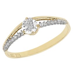 9ct Gold Solitaire Cz Pave Set Shoulders Ring 