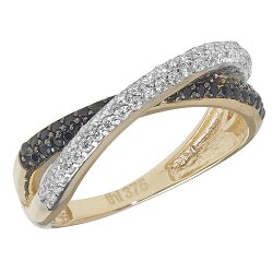 9ct Gold Black & White Cz Crossover Ring 