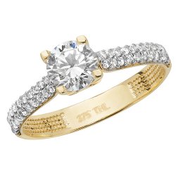 9ct Gold Solitaire Cz With 2 Row Grain Set Shoulders Ring 