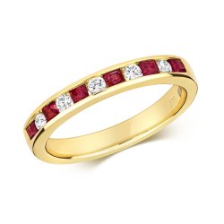 Diamond & Ruby Round And Princess Cut Channel Set Half Eternity In 9ct Gold 