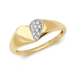 Diamond Half Pave Set Heart Maidens' Signet Ring In 9ct Gold 