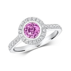 Diamond & Pink Sapphire Round Cluster With Set Shoulders Ring In 18ct White Gold RDQ237W-