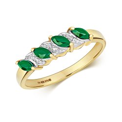 Diamond & Emerald Marquise And Grain Set Ring In 9ct Gold 