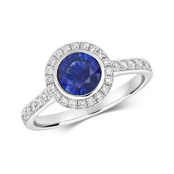 Diamond & Sapphire Round Cluster With Set Shoulders Ring In 18ct White Gold RDQ237W-