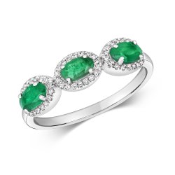 Diamond & Emerald Oval Cluster Trilogy Ring In 9ct White Gold 