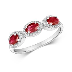 Diamond & Ruby Oval Cluster Trilogy Ring In 9ct White Gold 
