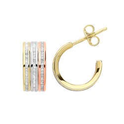 9ct Gold Tricolour Cz Hoop Studs 