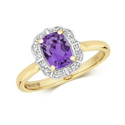 Diamond & Amethyst Cushion Deco Style Cluster Ring In 9ct Gold 