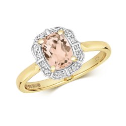 Diamond & Morganite Cushion Deco Style Cluster Ring In 9ct Gold 