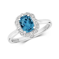 Diamond & London Blue Topaz Cushion Deco Style Cluster Ring In 9ct White Gold 