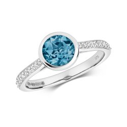 Diamond & London Blue Topaz Round Rubover With Set Shoulders Ring In 9ct White Gold 