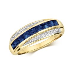 Diamond & Sapphire Square And Grain Set Crossover Ring In 9ct Gold 