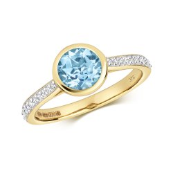 Diamond & Light Swiss Blue Topaz Round Rubover With Set Shoulders Ring In 9ct Gold 