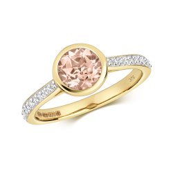 Diamond & Morganite Round Rubover With Set Shoulders Ring In 9ct Gold 