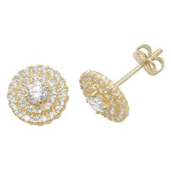 9ct Gold Round Cz 2 Row Cluster Studs 