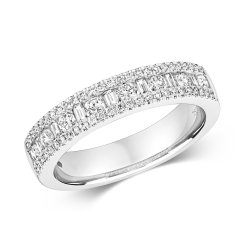 Diamond Round And Baguette 3 Row Ring In 18ct White Gold 