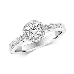 Diamond Halo With Grain Set Shoulders Ring In 18ct White Gold 