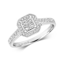 Diamond Cluster And Princess Cut Centre Ring In 18ct White Gold 