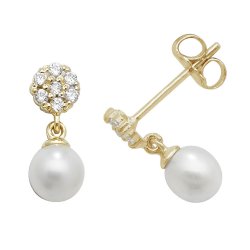 9ct Gold Cz Cluster With Dangle Pearl Drops 