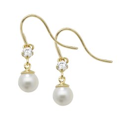 9ct Gold Cz With Dangle Pearl Fish Hook Drops 