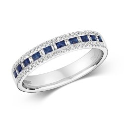 Diamond & Sapphire Princess Cut And Baguette Channel Set Eternity Ring In 18ct White Gold 