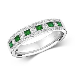 Diamond & Emerald Round And Princess Cut Channel Set Eternity Ring In 18ct White Gold 