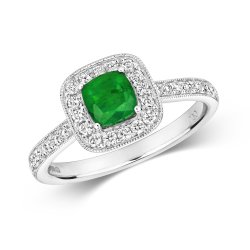 Diamond & Emerald Cushion Cluster With Set Shoulders Ring In 18ct White Gold 