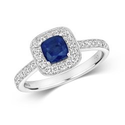 Diamond & Sapphire Cushion Cluster With Set Shoulders Ring In 18ct White Gold 