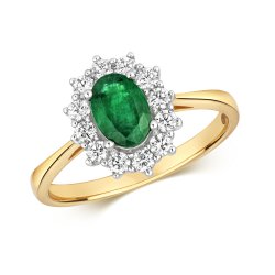 Diamond & Emerald Oval Cluster Ring In 18ct Gold 