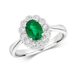 Diamond & Emerald Oval Victorian Style Cluster Ring In 18ct White Gold 
