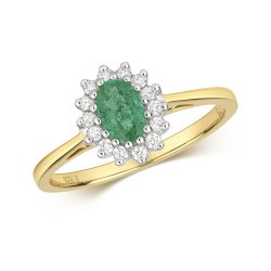 Diamond & Emerald Oval Cluster Ring In 9ct Gold 