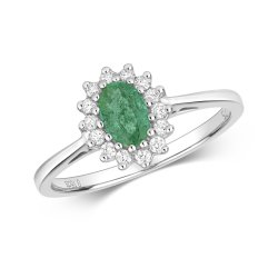 Diamond & Emerald Oval Cluster Ring In 9ct White Gold 