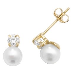 9ct Gold Pearl Cz Claw Set Studs 