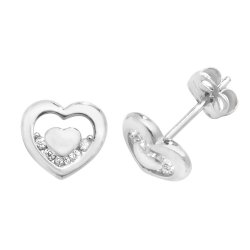 9ct White Gold Cz Double Heart Studs 