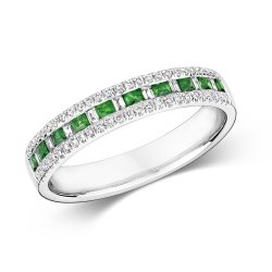Diamond & Emerald Channel Set 3 Row Half Eternity Ring In 9ct White Gold 