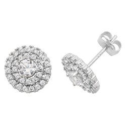 9ct White Gold Round Cz 2 Row Cluster Studs 