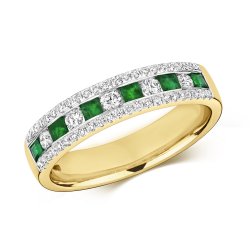 Diamond & Emerald Channel Set 3 Row Half Eternity Ring In 9ct Gold 