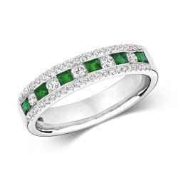 Diamond & Emerald Channel Set 3 Row Half Eternity Ring In 9ct White Gold 