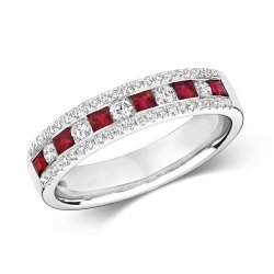 Diamond & Ruby Channel Set 3 Row Half Eternity Ring In 9ct White Gold 