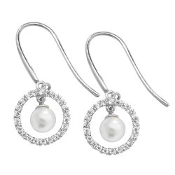 9ct White Gold Cz Circle And Dangle Pearl Drops 