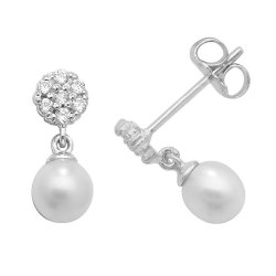 9ct White Gold Cz Cluster With Dangle Pearl Drops 