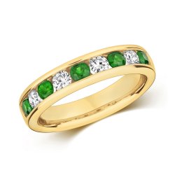 Diamond & Emerald Channel Set Half Eternity Ring In 9ct Gold 