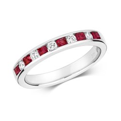 Diamond & Ruby Round And Princess Cut Channel Set Half Eternity Ring In 9ct White Gold 