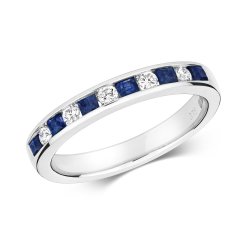 Diamond & Sapphire Round And Princess Cut Channel Set Half Eternity Ring In 9ct White Gold 