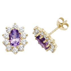 9ct Gold Amethyst Oval Cluster Studs 