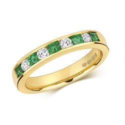 Diamond & Emerald Round And Princess Cut Channel Set Half Eternity Ring In 9ct Gold 