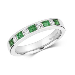 Diamond & Emerald Round And Princess Cut Channel Set Half Eternity Ring In 9ct White Gold 